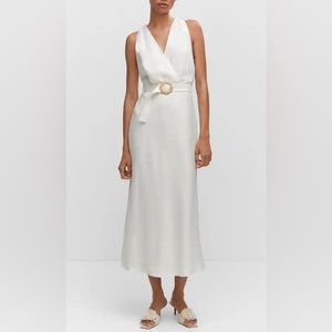 Mango linen white belted dress